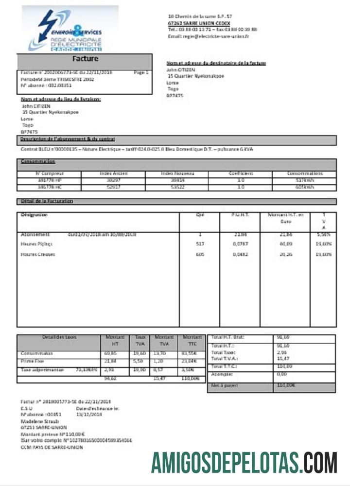 França Energies & Services Régie Municipal D’ Electricité Sarre Union Conta de serviços públicos de eletricidade exemplo